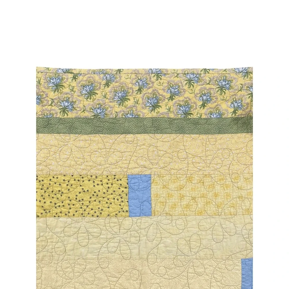 Handmade Yellow Patchwork Quilt Blue Floral Reversible Tea Cup Throw 42x66